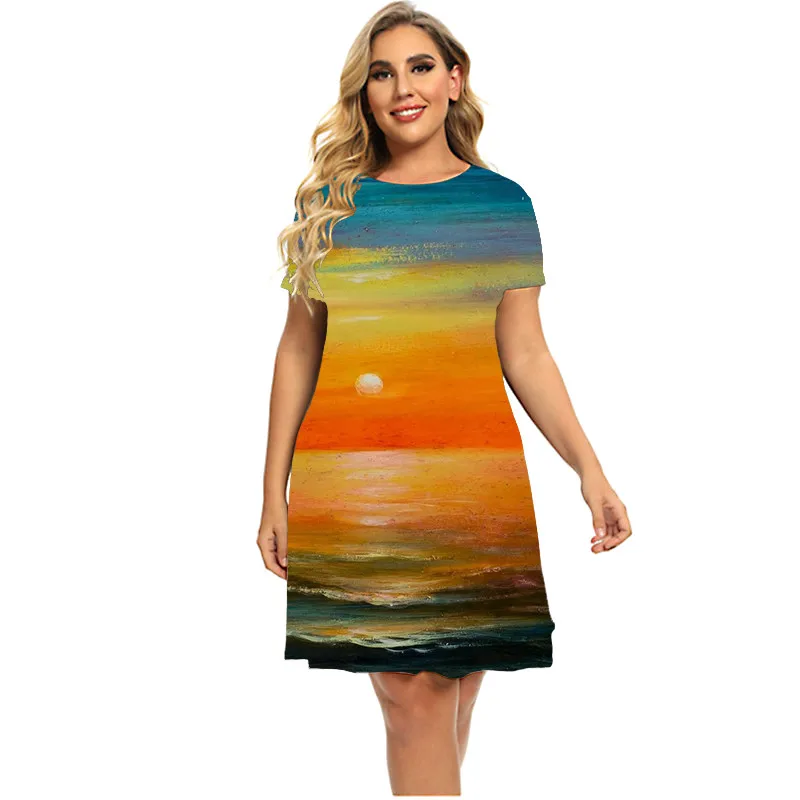 

6XL Plus Size Summer Dresses For Women Tie Dye Natural Scenery Dress Short Sleeve Print Casual Clothing Female Mini Short Dress