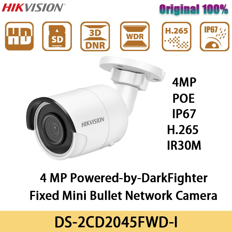 

IP-камера Hikvision, 4 МП, POE, DS-2CD2045FWD-I H.265, IP67, веб-камера с питанием от DarkFighter, цилиндрическая наружная камера видеонаблюдения, WDR