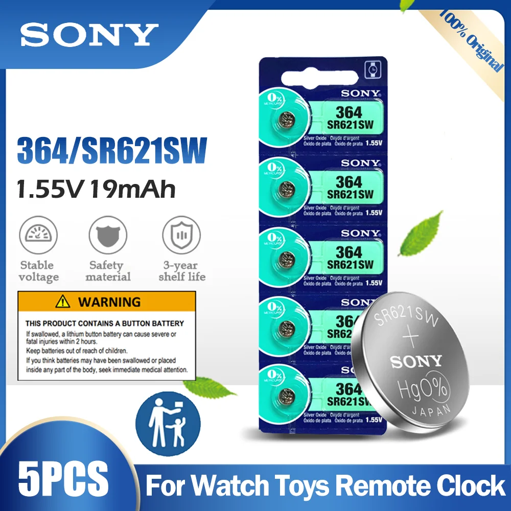 5 шт. Sony 364 SR621SW AG1 LR621 621 164 531 SR60 LR60 1 55 в оксид серебра аккумулятор для часов игрушек