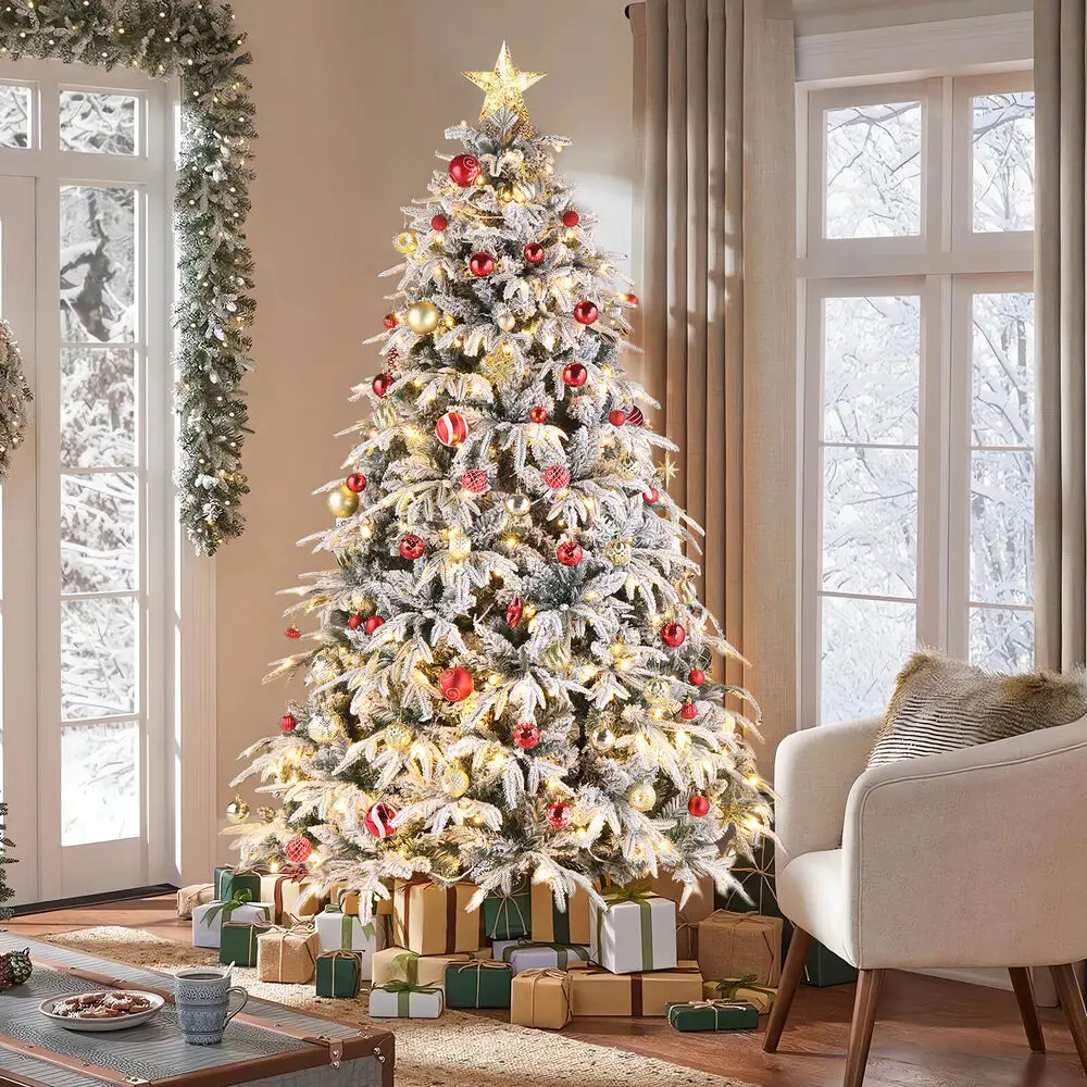 

Рождественская елка 7 футов, 450 огней, теплый цвет, 8 режимов, односторонняя, ПЭ, ПВХ, зеленая, флокирование, 1687 веток, искусственный Снежный Декор на Рождество