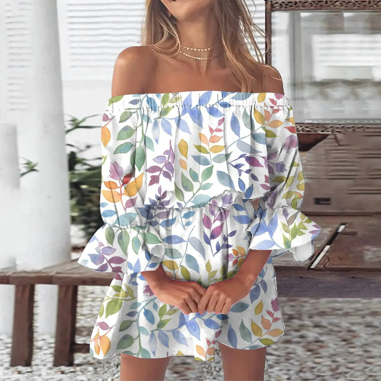 

Платье женское летнее с открытыми плечами, пикантная туника с радужным принтом листьев, с расклешенным рукавом, повседневный Мини Сарафан в стиле бохо
