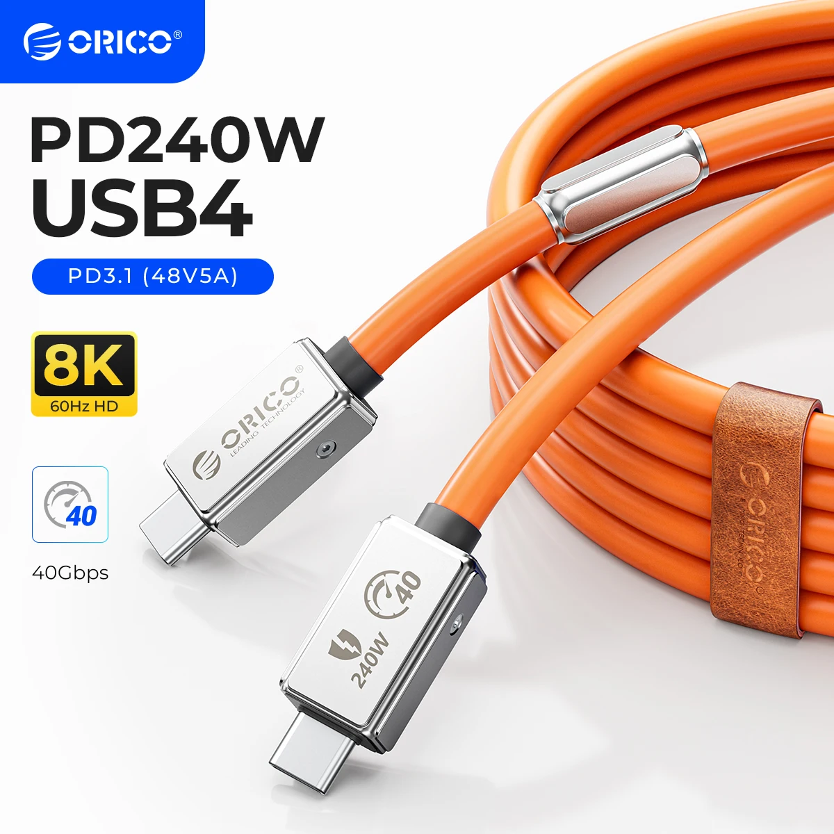 

Кабель ORICO USB 4 мощностью 240 Вт, совместимый с Thunderbolt 3 Video 8K @ 60 Гц USB C быстрой зарядкой и передачей данных со скоростью 40 Гбит / с Силиконовый для Macbook