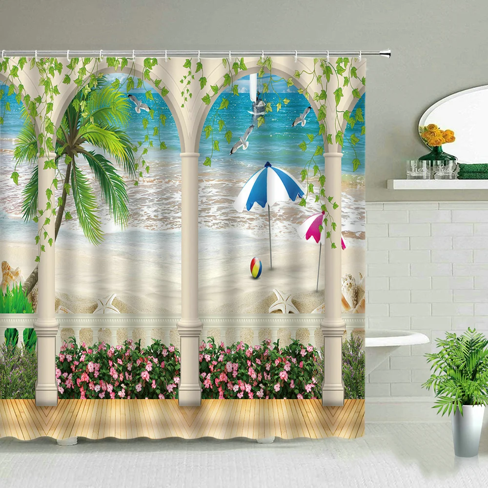 

Ocean Beach Palm Tree Sea Landscape Shower Curtains Modern Green Bamboo Forest Waterfall Scenery Flower Print Bathroom Screen