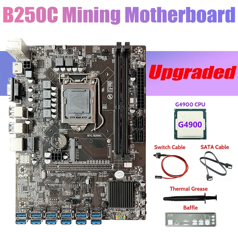 

B250C ETH Miner Motherboard+G4900 CPU+Baffle+SATA Cable+Switch Cable+Thermal Grease 12USB3.0 GPU Slot LGA1151 For BTC