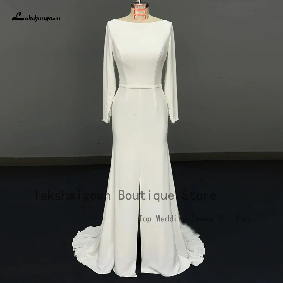 

Lakshmigown Elegant Women Crepe Long Sleeve Wedding Dress Mermaid 2023 Simple Mermaid Bridal Dinner Receipt Gowns Front Split