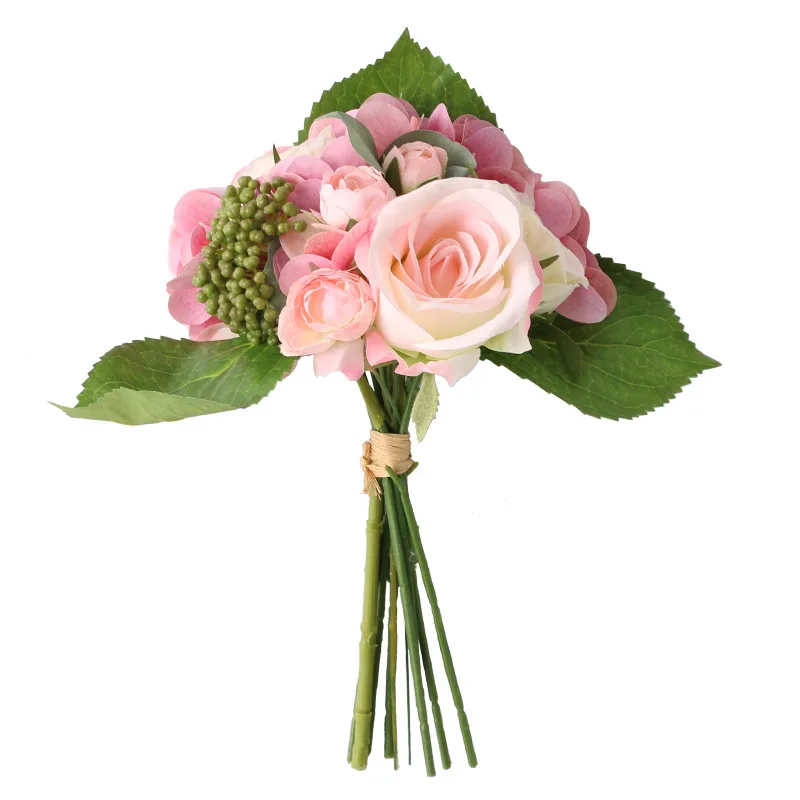 

Шелковые искусственные цветы, розовая роза, букет гортензии, искусственный цветок для дома, свадебное украшение, искусственные розы, гортен...