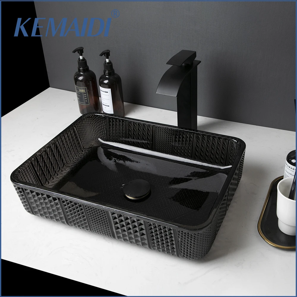 

KEMAIDI Tempered Glass Bathroom Sink Black Transparent Wash Sinks Rectangle Vessel Sink Counter Top Basin Bowl with Faucet Tap