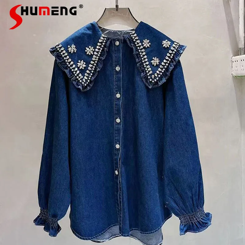 Exquisite Rhinestone Doll Collar Denim Shirt for Women 2022 Early Spring New Loose Fashion Ladies Top Long Sleeve Blouse
Exquisite Rhinestone Doll Collar Denim Shirt for Women 2022 Early Spring New Loose Fashion Ladies Top Long Sleeve Blouse