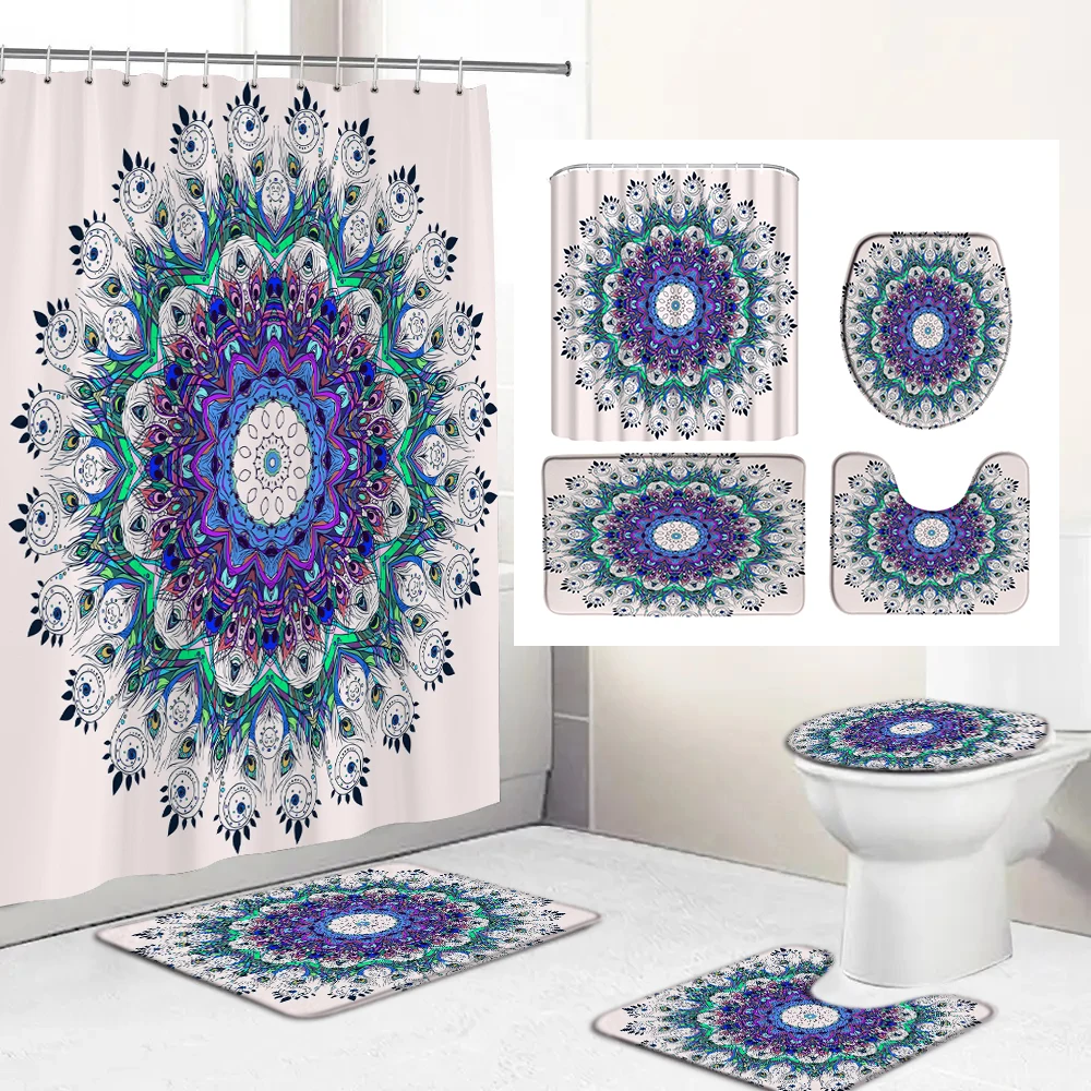 

Mandala style Print Shower Curtain Feathers Pattern Waterproof Bathroom Curtains Home Decoration Non-Slip Rugs Bath Mat Set
