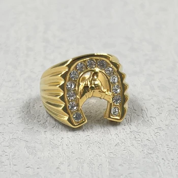 316L stainless steel gold color Jockey Club horseshoe mens ring with rhinestone horse high quality jewelry