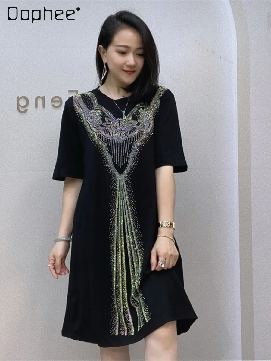 Diamond round Neck Short Sleeve Midi Dress Female 2023 Spring and Summer New Fashion Rhinestone Black Dress Women's Dress
Diamond round Neck Short Sleeve Midi Dress Female 2023 Spring and Summer New Fashion Rhinestone Black Dress Women's Dress