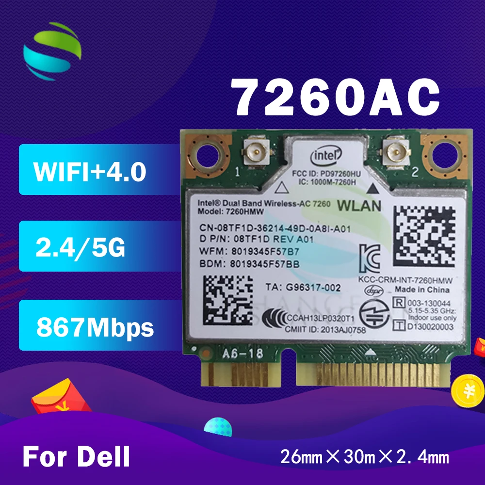 Для Intel Dual Band Wireless-AC 7260 7260HMW half Mini PCI-e BT4.0 867 Мбит/с D P/N:0NMTXR REV A00 8TF1D для ноутбука Dell |