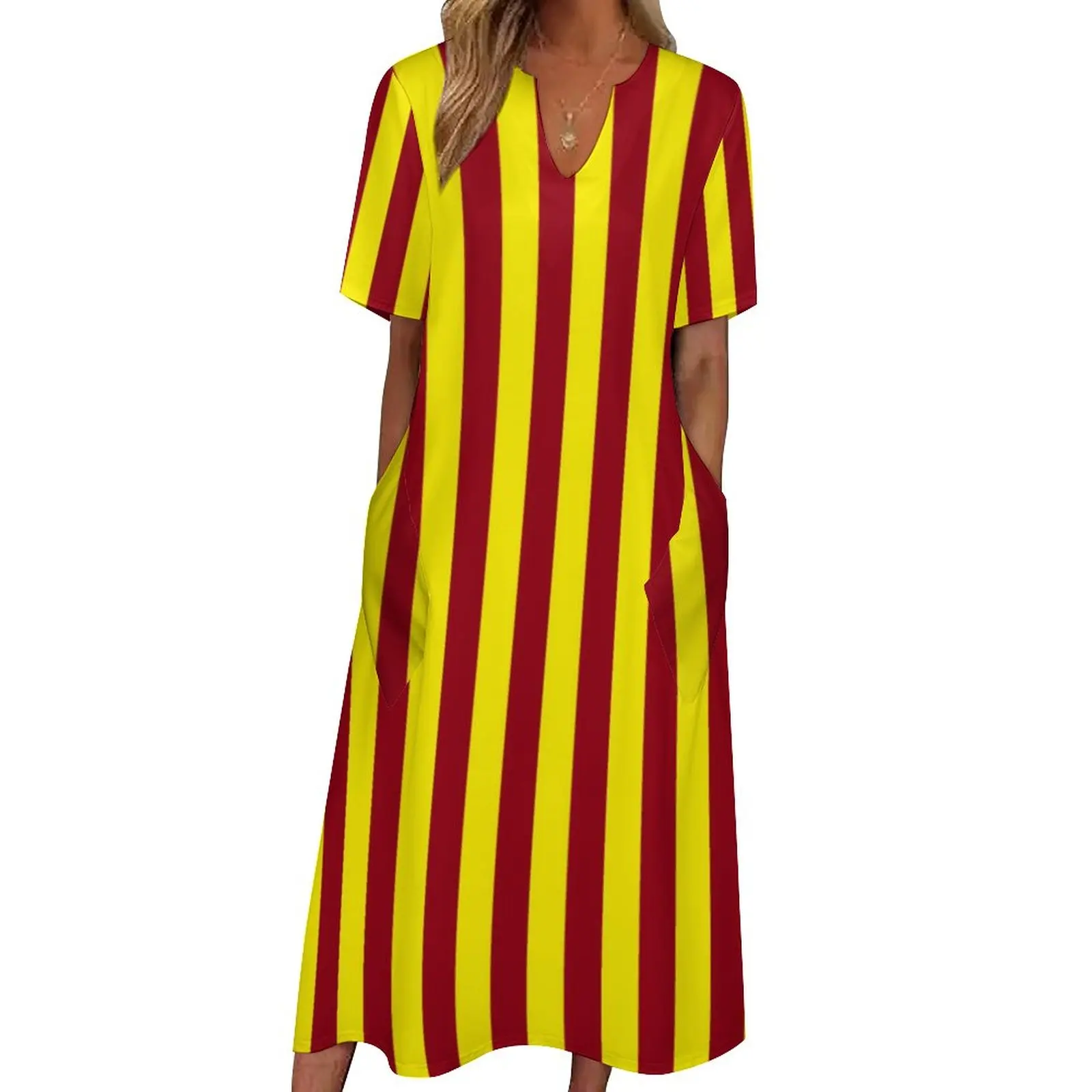 

Vertical Striped Dress Burgundy and Yellow Kawaii Maxi Dress Aesthetic Boho Beach Long Dresses Women Graphic Oversize Vestidos