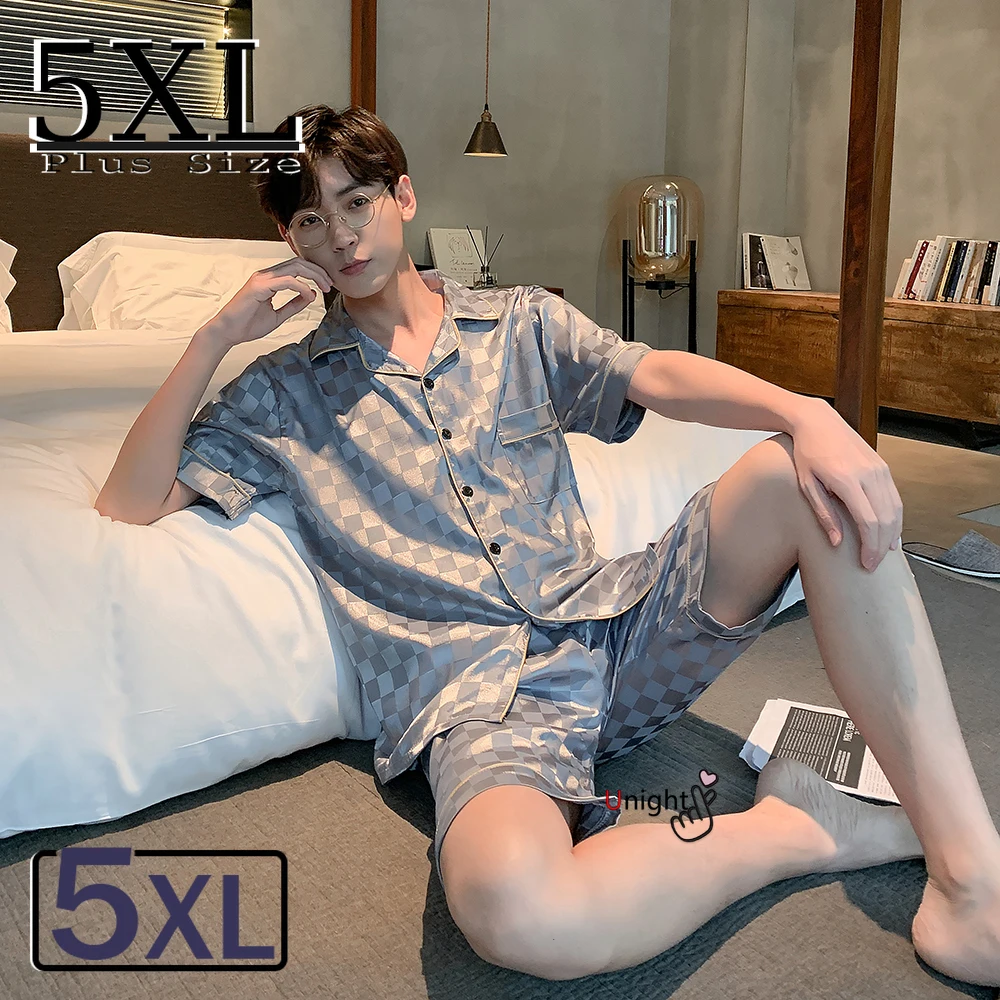 Men's Summer Silk Pajamas 5XL Oversized Sleepwear Satin Pajama Short Set Pijama Home Men Plaid Pyjamas Lounge Set 
Men's Summer Silk Pajamas 5XL Oversized Sleepwear Satin Pajama Short Set Pijama Home Men Plaid Pyjamas Lounge Set