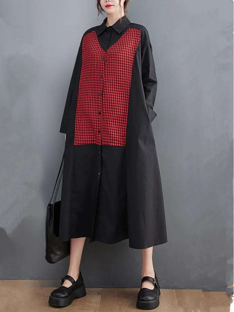 Женское Хлопковое платье-рубашка с длинным рукавом, черное свободное повседневное винтажное платье-рубашка с отложным воротником в Корейском стиле, весна-осень 2023 
Женское Хлопковое платье-рубашка с длинным рукавом, черное свободное повседневное винтажное платье-рубашка с отложным воротником в Корейском стиле, весна-осень 2023