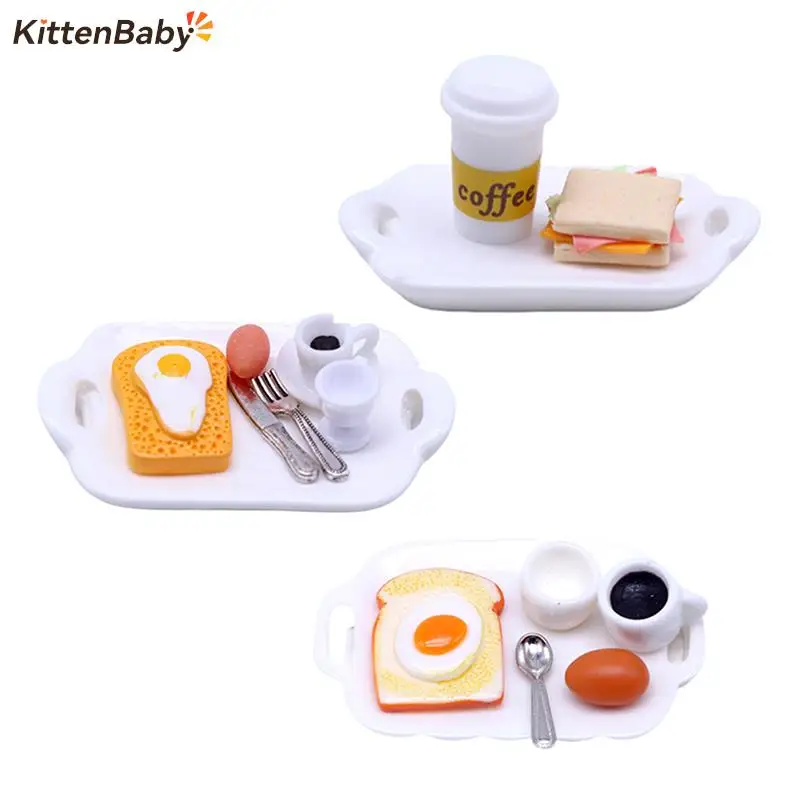 

1 комплект миниатюрный кукольный домик 1:12 вилка-ложка для хлеба, кофе, яйца с обеденной тарелкой, кухонный завтрак, модель, декоративная игру...