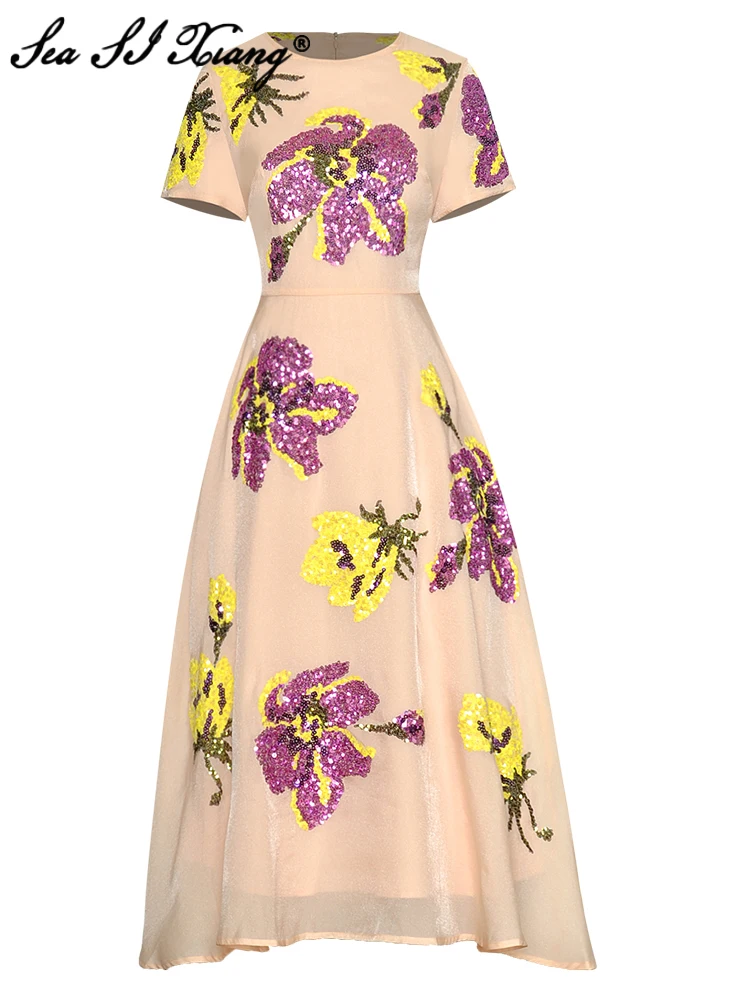 Seasixiang Fashion Designer Summer Dress Women O-Neck Short Sleeve Sequins Embroidery High waist Party Midi Dresses
Seasixiang Fashion Designer Summer Dress Women O-Neck Short Sleeve Sequins Embroidery High waist Party Midi Dresses