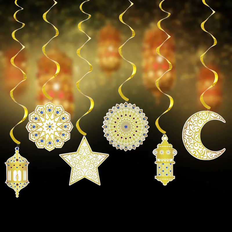

6pcs Eid Mubarak Spiral Banner Islamic Muslim Gold Swirl Eid Pendant Bunting Hajj Mubarak Festival Party Ramadan Home Decoration