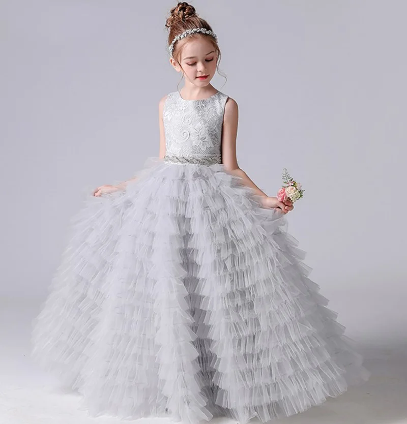 

Long Girls Dresses Princess 2024 Tiered Flower Girl Dresses For Wedding Party Tulle Junior Bridesmaid Dress First Communion Gown