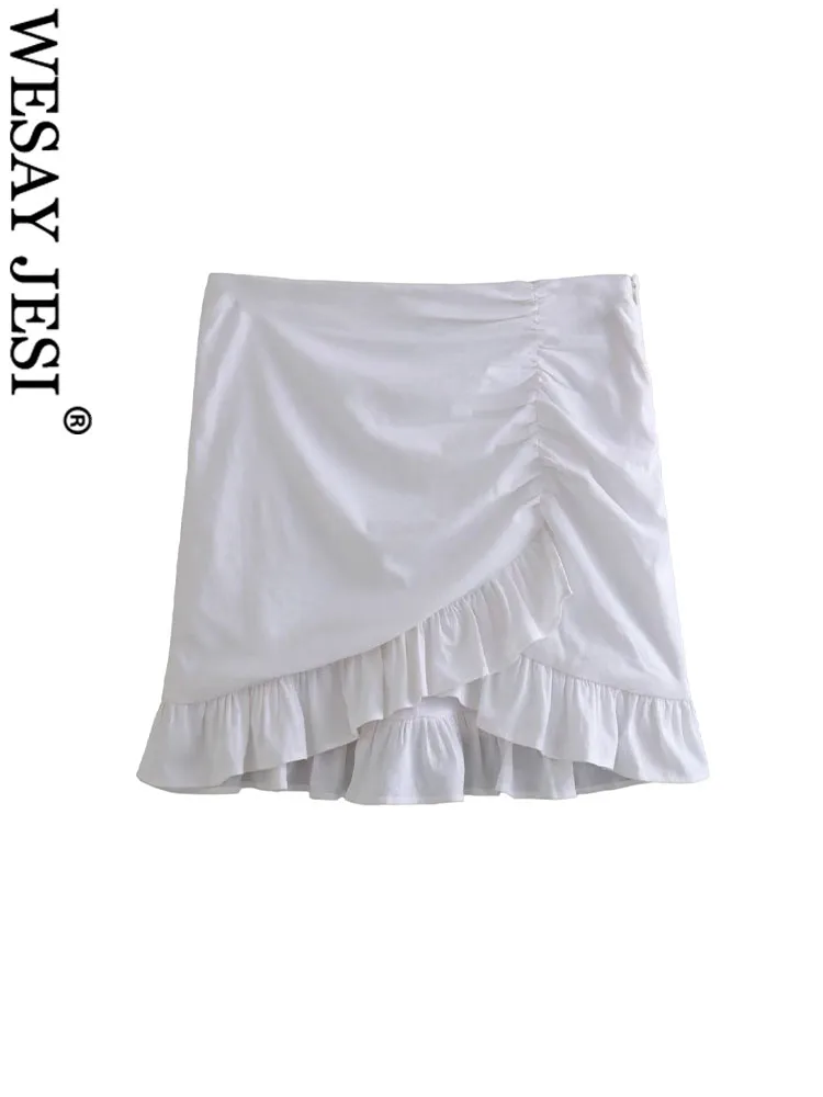 

WESAY JESI TRAF Summer Mini Skirts Woman Trendy High Waist Ruffled Asymmetric Draped Side Zipper Female Fashion Sweet Skirts