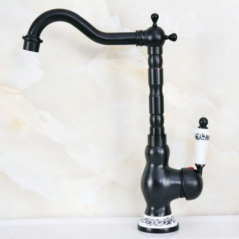 

Black Oil Rubbed Bronze One Ceramic Flower Handles Bathroom Kitchen Basin Sink Faucet Mixer Tap Swivel Spout Deck Mounted mnf657
