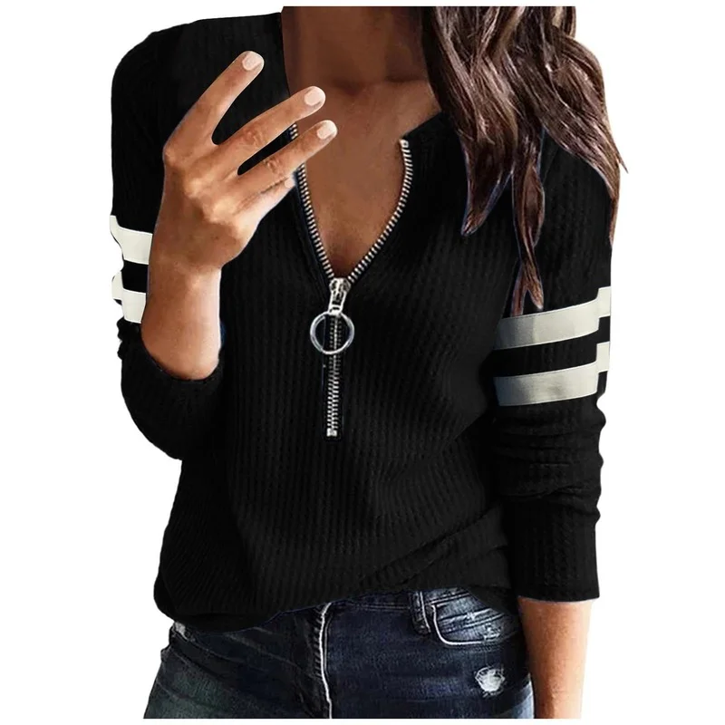 Women's Long Sleeve Zipper Knitted Loose Fitting Thermal Tunic Tops 2021 V-Neck T-shirts Female Striped Sleeve Sweaters Pullover
Women's Long Sleeve Zipper Knitted Loose Fitting Thermal Tunic Tops 2021 V-Neck T-shirts Female Striped Sleeve Sweaters Pullover