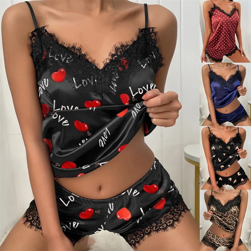 Women's Sleepwear Sexy Satin Pajama Set Black Lace V-Neck Pyjamas Sleeveless Cute Cami Top and Shorts
Women's Sleepwear Sexy Satin Pajama Set Black Lace V-Neck Pyjamas Sleeveless Cute Cami Top and Shorts