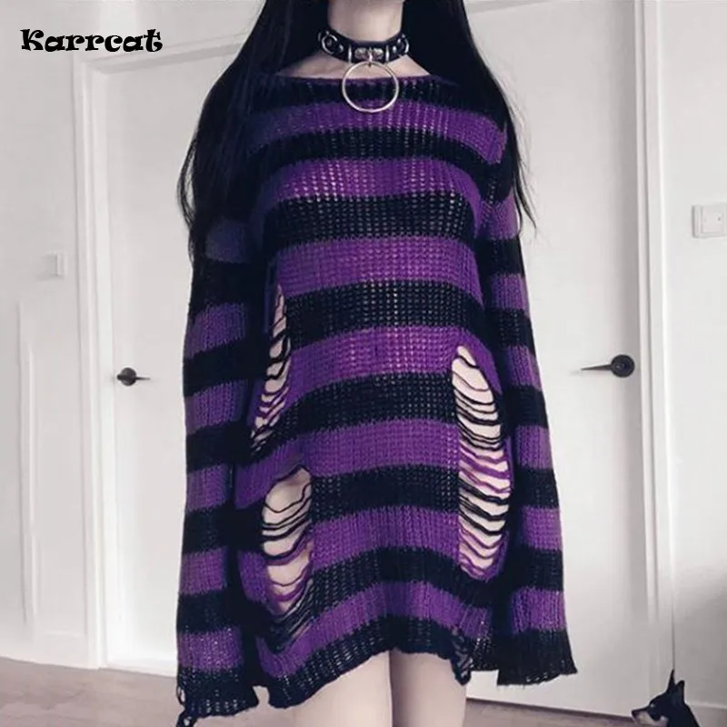 Karrcat Women Sweater Gothic Knitted Sweater Long Pullovers Striped Loose Winter Ripped Oversized Sweaters Jumpers Mujer Jersey
Karrcat Women Sweater Gothic Knitted Sweater Long Pullovers Striped Loose Winter Ripped Oversized Sweaters Jumpers Mujer Jersey