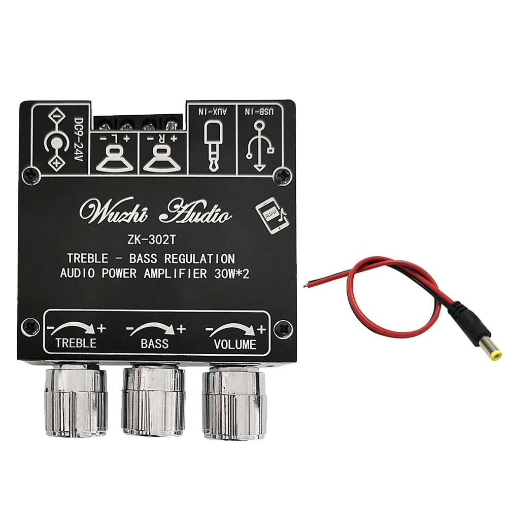 ZK-302T Bluetooth Digital Amplifier Board with DC Cable 30W+30W 2.0 Stereo Dual Channel with Audio Module DC9-24V 
ZK-302T Bluetooth Digital Amplifier Board with DC Cable 30W+30W 2.0 Stereo Dual Channel with Audio Module DC9-24V