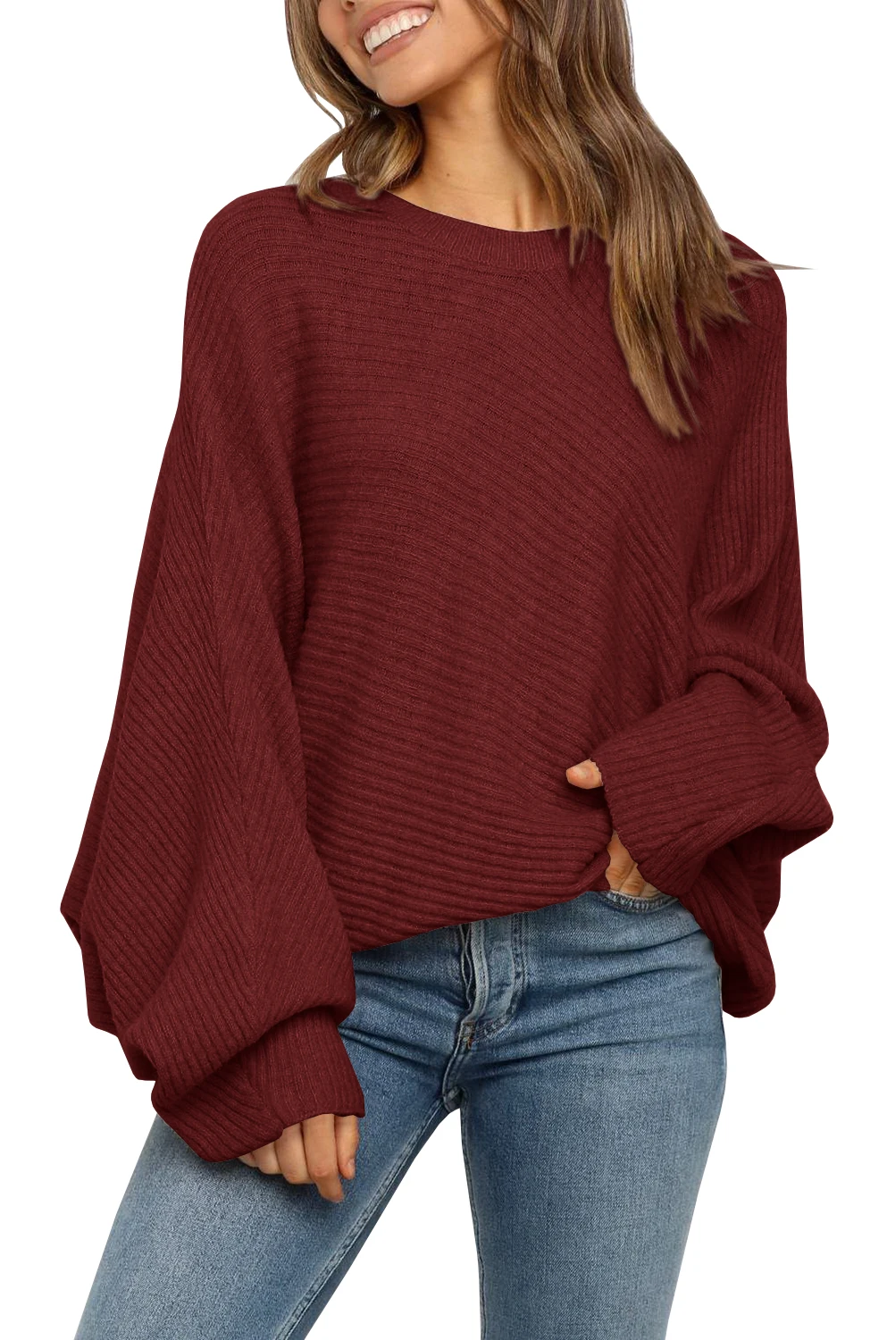 

NEW Women's Oversized Crewneck Sweater Batwing Puff Long Sleeve Cable Slouchy Pullover Jumper Tops