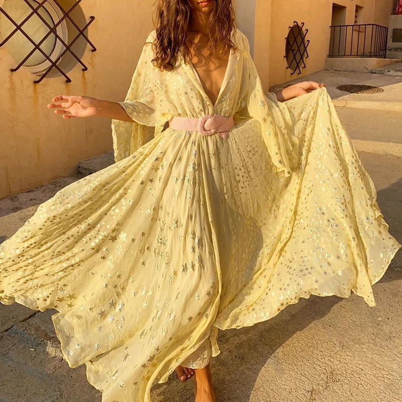Sexy Deep V-neck Short Sleeve Pleated Female Dresses 2023 Spring Women Long Dress Eve Romantic Star Big Hem Gown Party Dress
Sexy Deep V-neck Short Sleeve Pleated Female Dresses 2023 Spring Women Long Dress Eve Romantic Star Big Hem Gown Party Dress