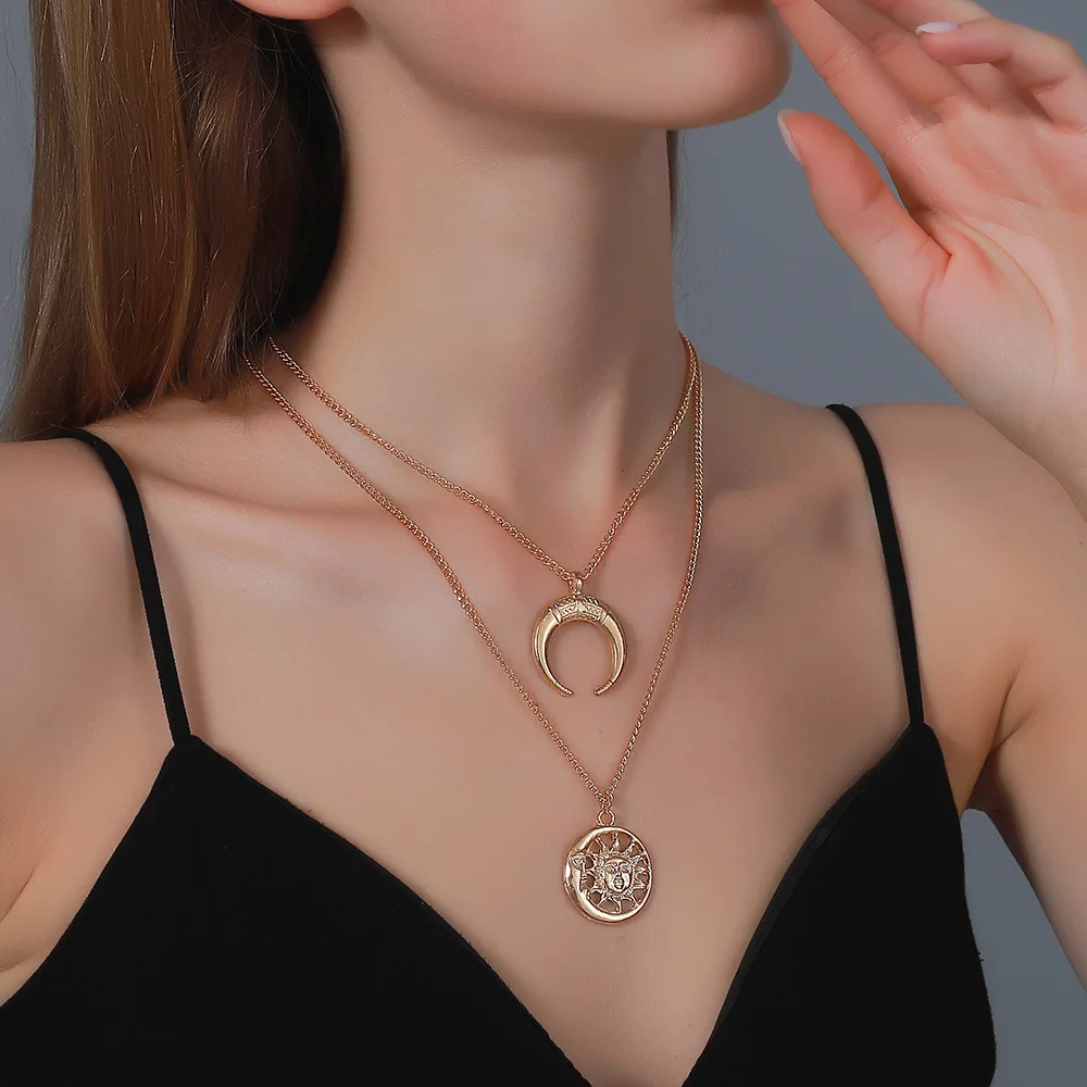 Ola Retro Double Layer Pendant Necklace Punk Personality Sun Moon Necklace Women Metal Clavicle Chain Girl Gift Jewelry
Ola Retro Double Layer Pendant Necklace Punk Personality Sun Moon Necklace Women Metal Clavicle Chain Girl Gift Jewelry