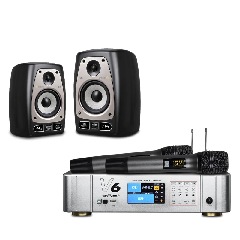 Professional singing machine powerful amplifier 2 wireless microphone KTV player speaker set for home karaoke system
Professional singing machine powerful amplifier 2 wireless microphone KTV player speaker set for home karaoke system