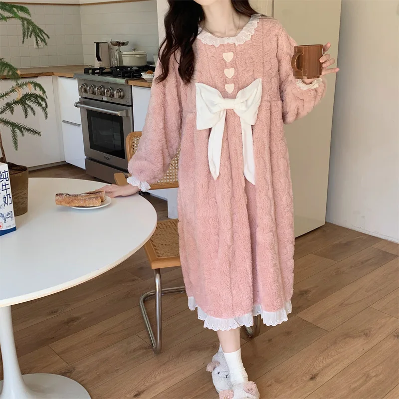 Loose Bow Home Dress Sleep Dress Sleepwear Loose Coral Velvet Winter Home Clothes Round Neck Lace Long Sleeves Nightgown
Loose Bow Home Dress Sleep Dress Sleepwear Loose Coral Velvet Winter Home Clothes Round Neck Lace Long Sleeves Nightgown