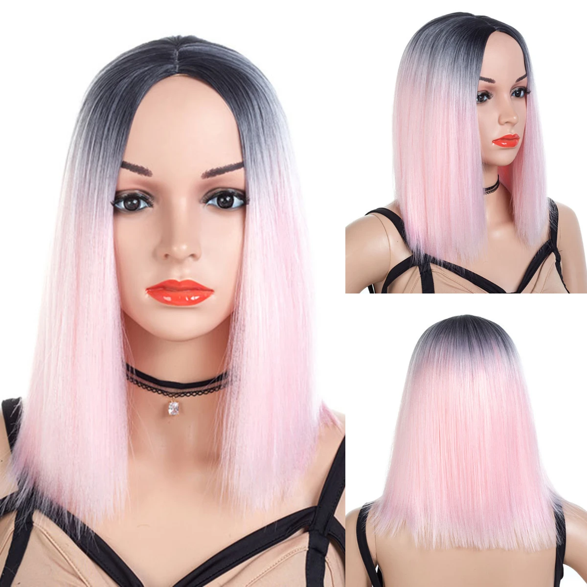 

HANEROU Women Bob Short Synthetic Wigs Middle Line Straight Two Tone Color Black Mixed Pink Cosplay Wig