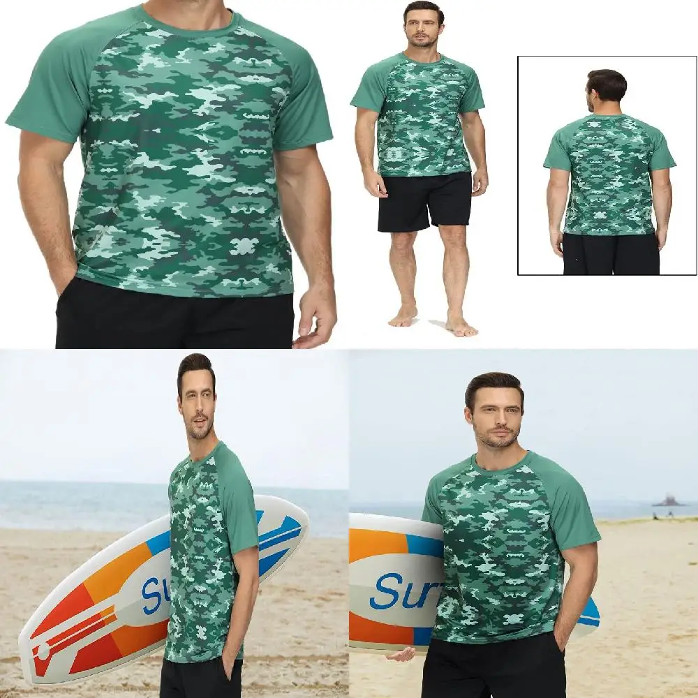 

Stylish Men's UPF 50+ Quick Dry Armygreen Short Sleeve Rash Guard Swim Tops Running Shirt M for Comfy and Practical Protection