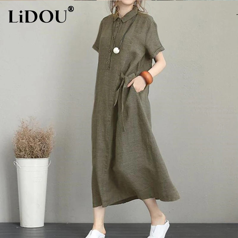 Summer New Solid Oversized Cotton Linen Dress for Women Loose Casual Vintage Dresses Elegant Pockets Short Sleeve Robes Femme
Summer New Solid Oversized Cotton Linen Dress for Women Loose Casual Vintage Dresses Elegant Pockets Short Sleeve Robes Femme