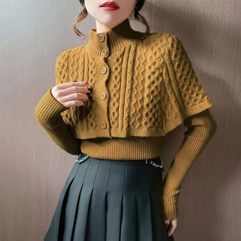 Lucyever Vintage Turtleneck Women Sweaters Fashion Shawl Two Piece Knitted Sweater Woman 2023 Autumn Winter Chic Button Jumper
Lucyever Vintage Turtleneck Women Sweaters Fashion Shawl Two Piece Knitted Sweater Woman 2023 Autumn Winter Chic Button Jumper