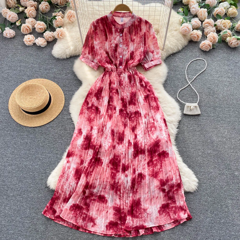 French Retro Short Sleeve Ink Tie Dyed Stand Collar Pleated Dress Women New Fashion Summer High Waist Slim Elegant Vestidos G907
French Retro Short Sleeve Ink Tie Dyed Stand Collar Pleated Dress Women New Fashion Summer High Waist Slim Elegant Vestidos G907