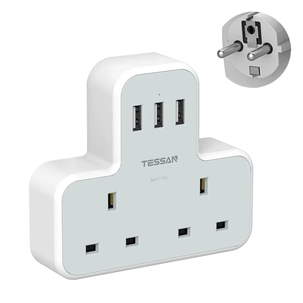 TESSAN UK to European Plug Adapter Compact USB Wall Socket Travel Adapter with 2 Outlets 3 USB Charger Ports Grounded -Type E/F
TESSAN UK to European Plug Adapter Compact USB Wall Socket Travel Adapter with 2 Outlets 3 USB Charger Ports Grounded -Type E/F