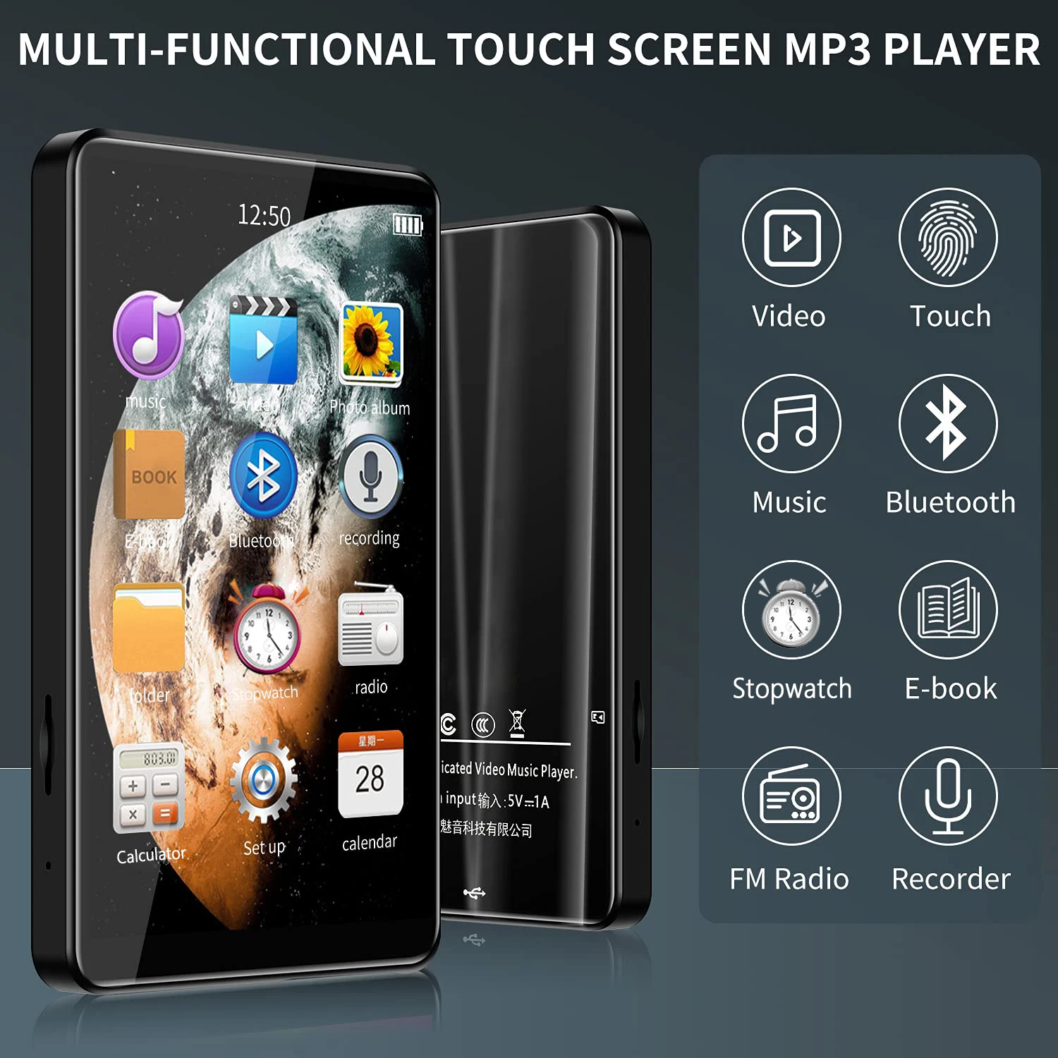 

4-inch X20 New UI MP4 Music Player Touch Screen 16GB BT5.0 With Speakers 1080P Video Playback Recording E-book FM MP3 Player