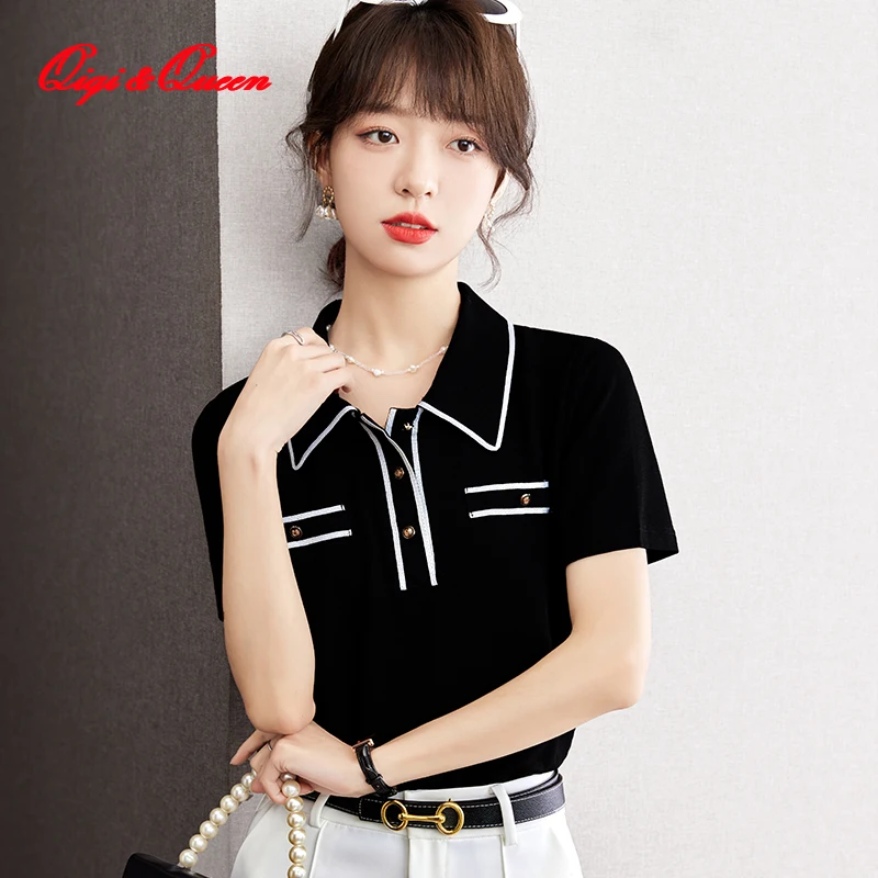 

Qiqi&queen Women Basic Short Sleeve Vintage T-Shirt Loose Work Casual Tees French Vintage Summer Color Blocking Knitting Tops