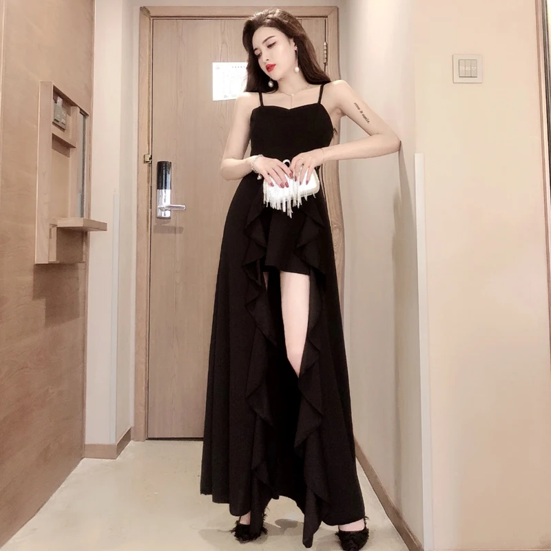 

Elegant Black Flounced Edge Slit Dress for Women Summer Dresses for Women 2023 Floor-length Sexy Party Suspenders Dress