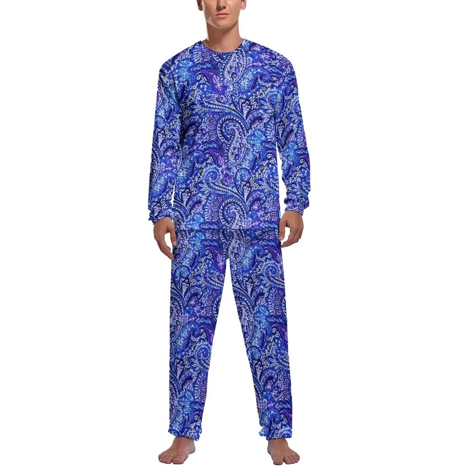 

Пижама Мужская с принтом пейсли, милая пижама в стиле ретро, одежда для сна с длинным рукавом, комплект из 2 предметов для отдыха, ярко-голубая