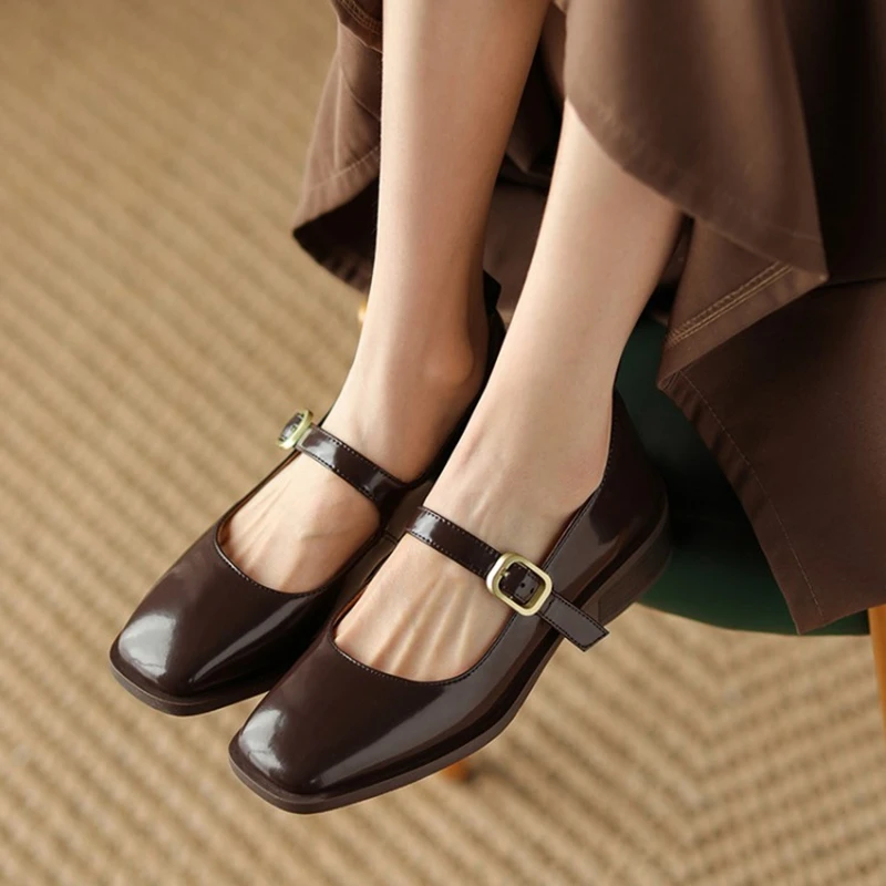 

Spring/Autumn Women Shoes Square Toe Chunky Heel Shoes Patent Leather Mary Janes Low Heel Solid Pumps Women Concise Black Shoes