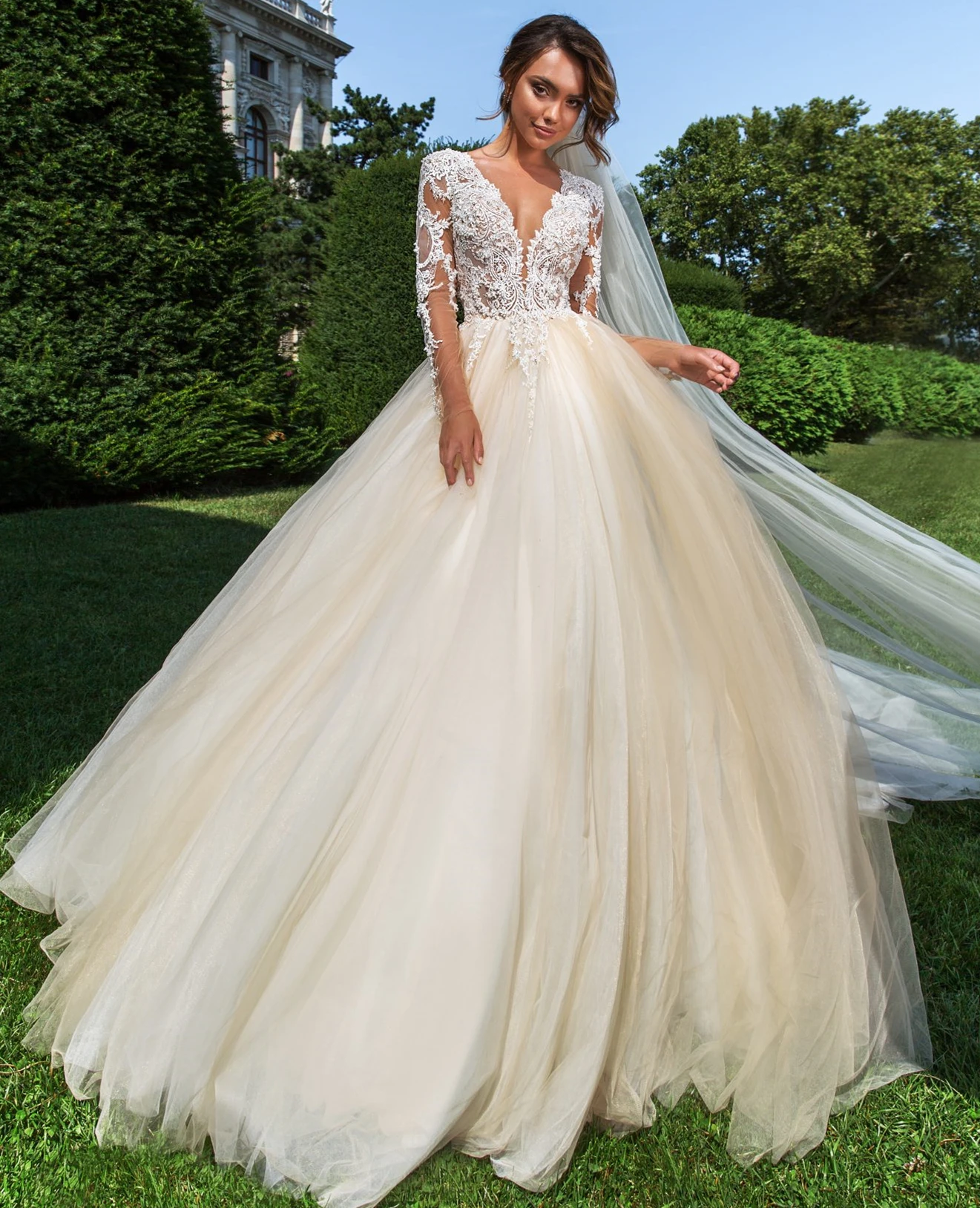 

Long Sleeves Ball Gown Wedding Dress Sheer V-neck Lace Applique Beige Tulle Chapel Train Bridal Dress 2023 Vestido De Novia