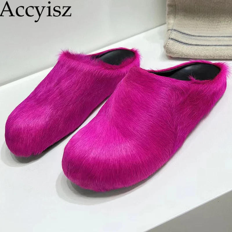 

Solid Color Fur Round Toe Slippers Women Deep Sole Flat Mules Spring Wool Comfort Sandalias Closed half Outdoor Holiday Sandal