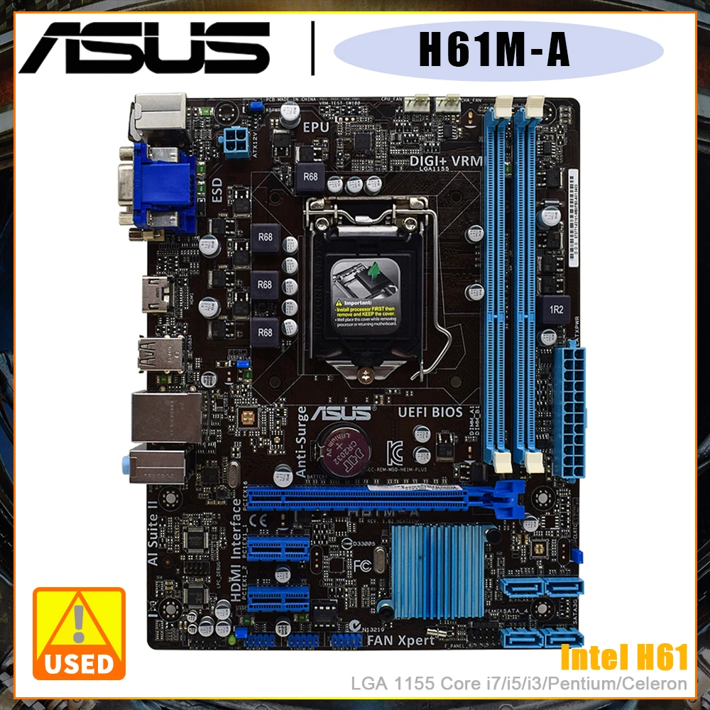 

ASUS Motherboard H61M-A/USB3, Using Intel H61 Chipset, LGA 1155 CPU Socket Supports Intel 22/32nm Core i7 i5 i3 Pentium Celeron