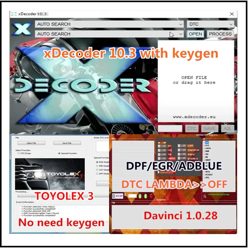 3 in 1 Pack xDecoder 10.3 + DAVINCI 1.0.28 + TOYOLEX 3 with Free Keygen DTC Remover DTC Remover Unlimited for many laptops
3 in 1 Pack xDecoder 10.3 + DAVINCI 1.0.28 + TOYOLEX 3 with Free Keygen DTC Remover DTC Remover Unlimited for many laptops