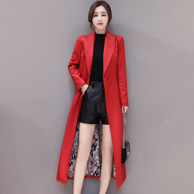 Women Red Faux Leather Jacket With Belt New Ladies Single Button Washed PU Leather Trench X-Long Coats Female Windbreaker
Women Red Faux Leather Jacket With Belt New Ladies Single Button Washed PU Leather Trench X-Long Coats Female Windbreaker